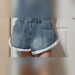 High Waist Loose Short Denim, Ruffle Contrast Trim High Rise Denim Shorts
